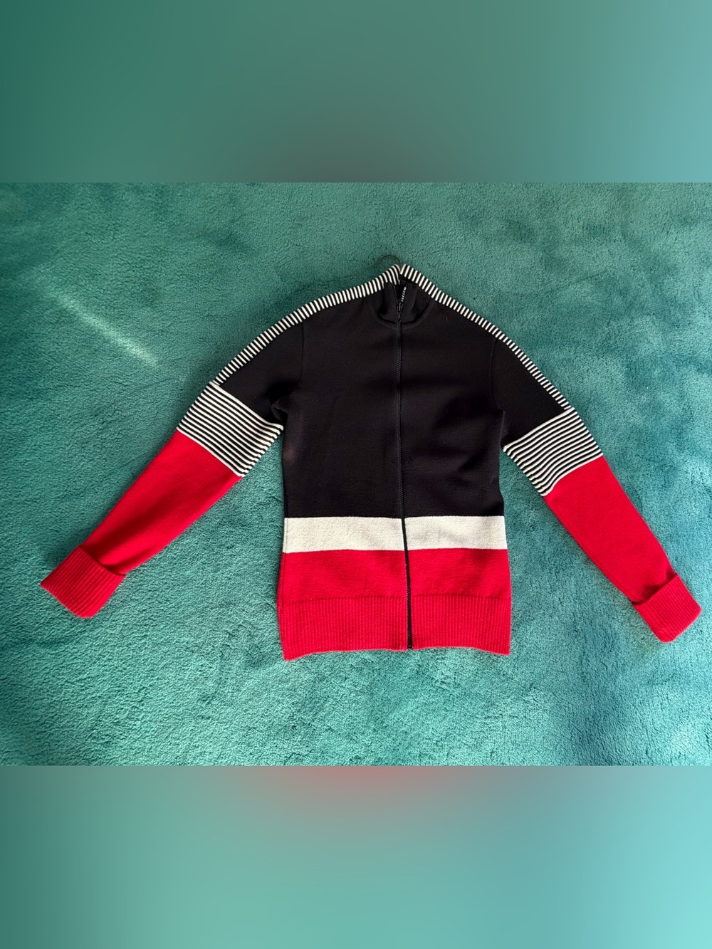 Moschino Cheap and Chic Women’s Black, Red & White Wool Zip-Up Sweater/Small
